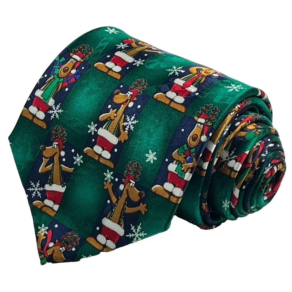 Yule Tie Greetings Silk Hand Made Men's Necktie‎ Holiday Party Festive Reindeer